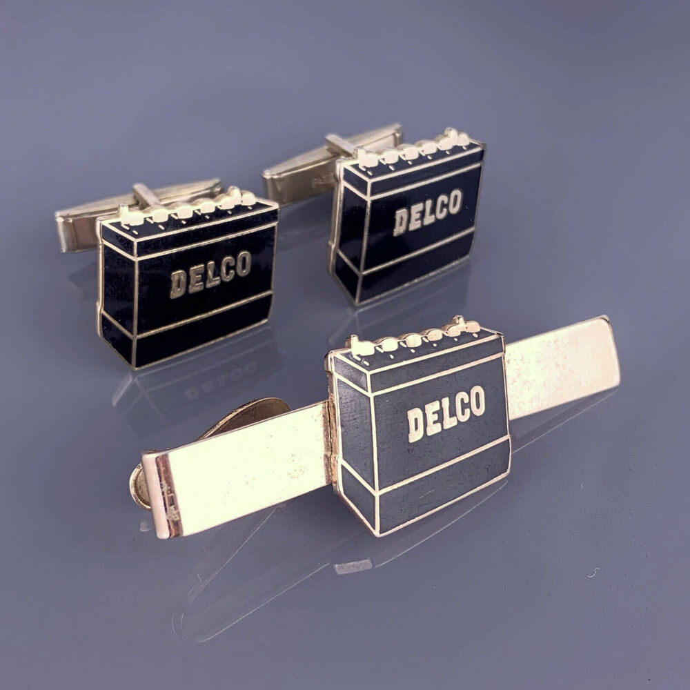 Delco Battery Black Gold Tone Cufflinks Tie Clip Bar Enamel Advertising Vintage